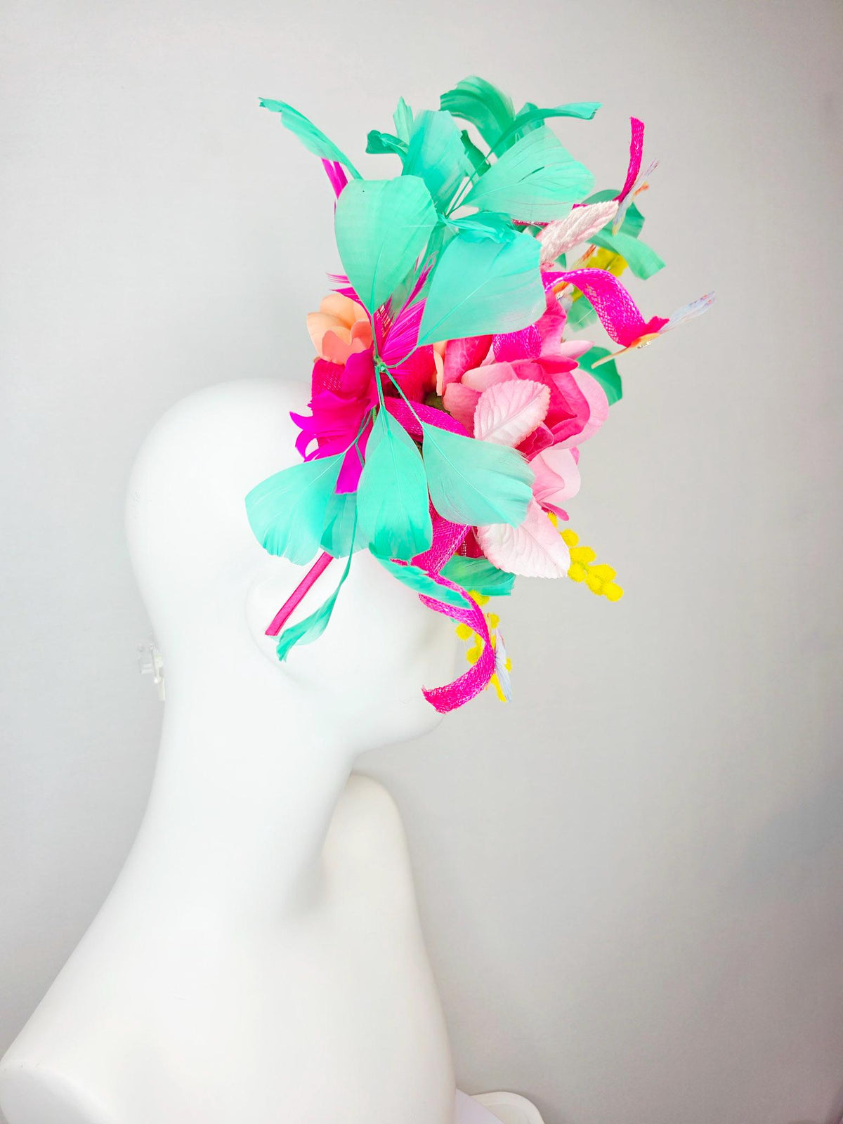 kentucky derby hat fascinator fuchsia pink sinamay ombre pink satin flower light pink leaves mint green feathers yellow stems butterflies