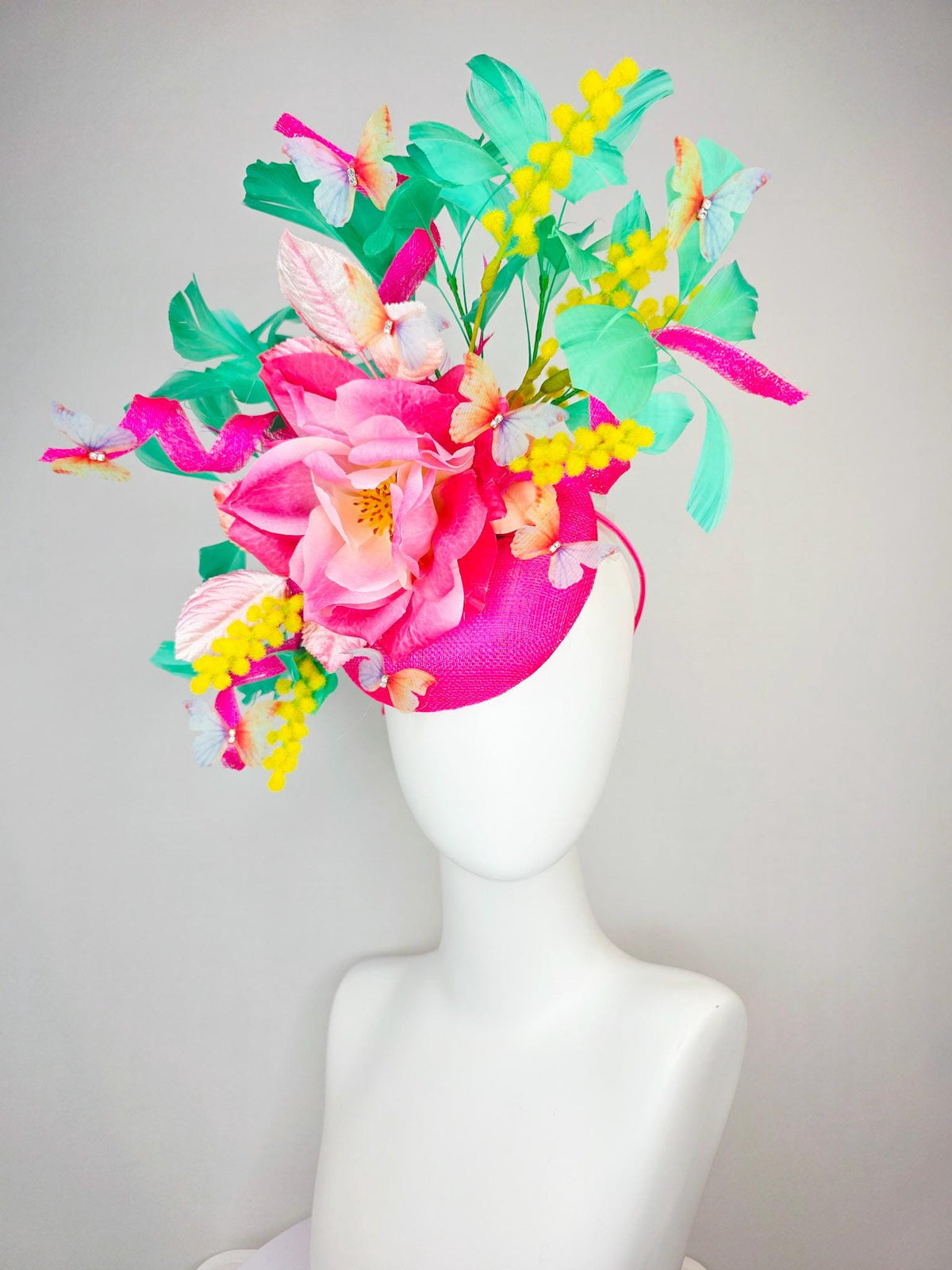 kentucky derby hat fascinator fuchsia pink sinamay ombre pink satin flower light pink leaves mint green feathers yellow stems butterflies