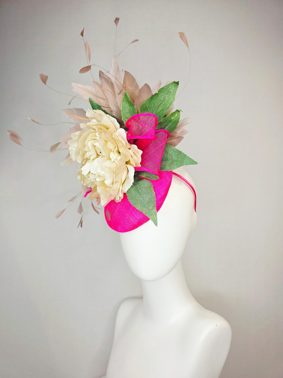 kentucky derby hat fascinator fuchsia bright pink sinamay with sinamay bow gold beige organza silk flower green leaves taupe brown feathers