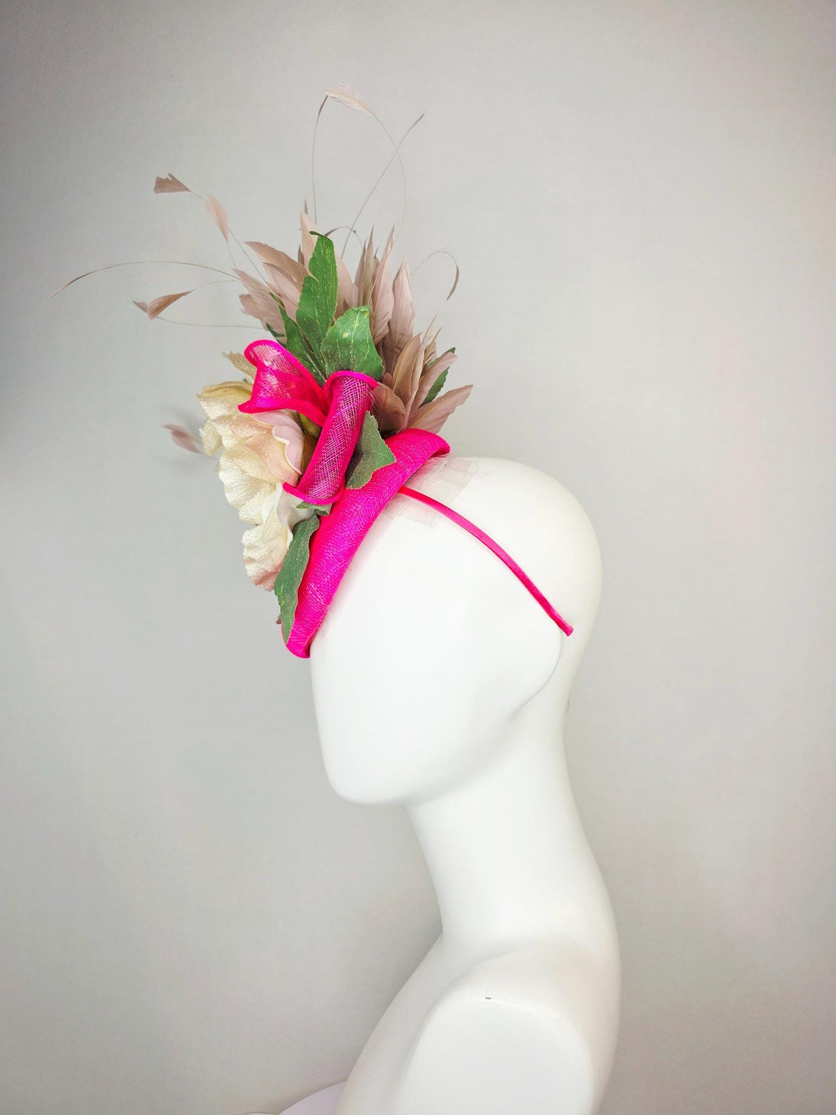 kentucky derby hat fascinator fuchsia bright pink sinamay with sinamay bow gold beige organza silk flower green leaves taupe brown feathers