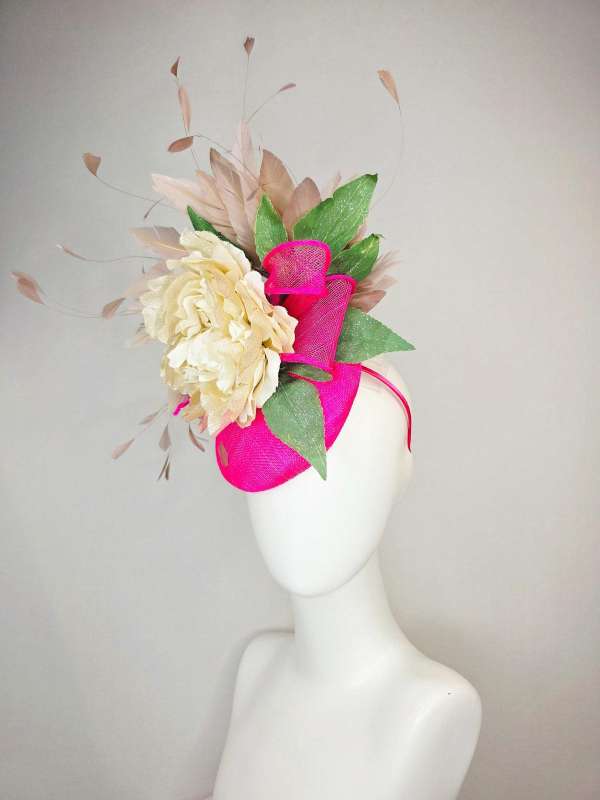 kentucky derby hat fascinator fuchsia bright pink sinamay with sinamay bow gold beige organza silk flower green leaves taupe brown feathers