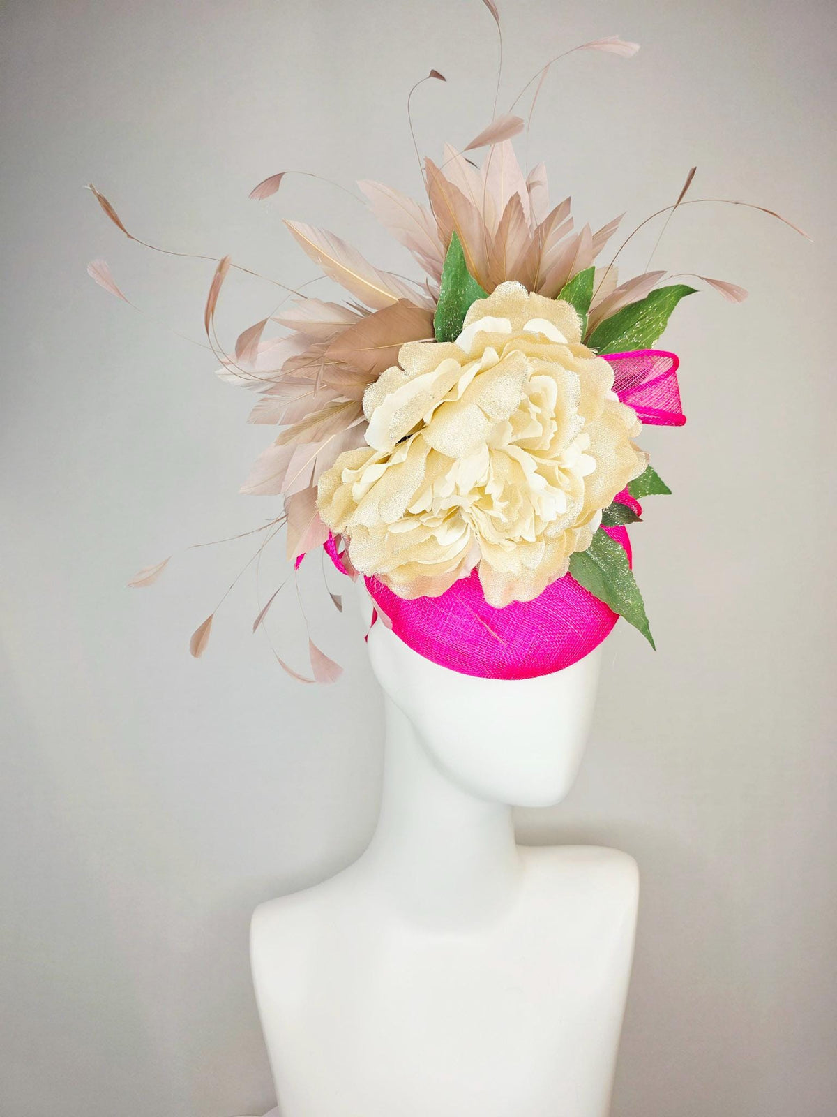 kentucky derby hat fascinator fuchsia bright pink sinamay with sinamay bow gold beige organza silk flower green leaves taupe brown feathers