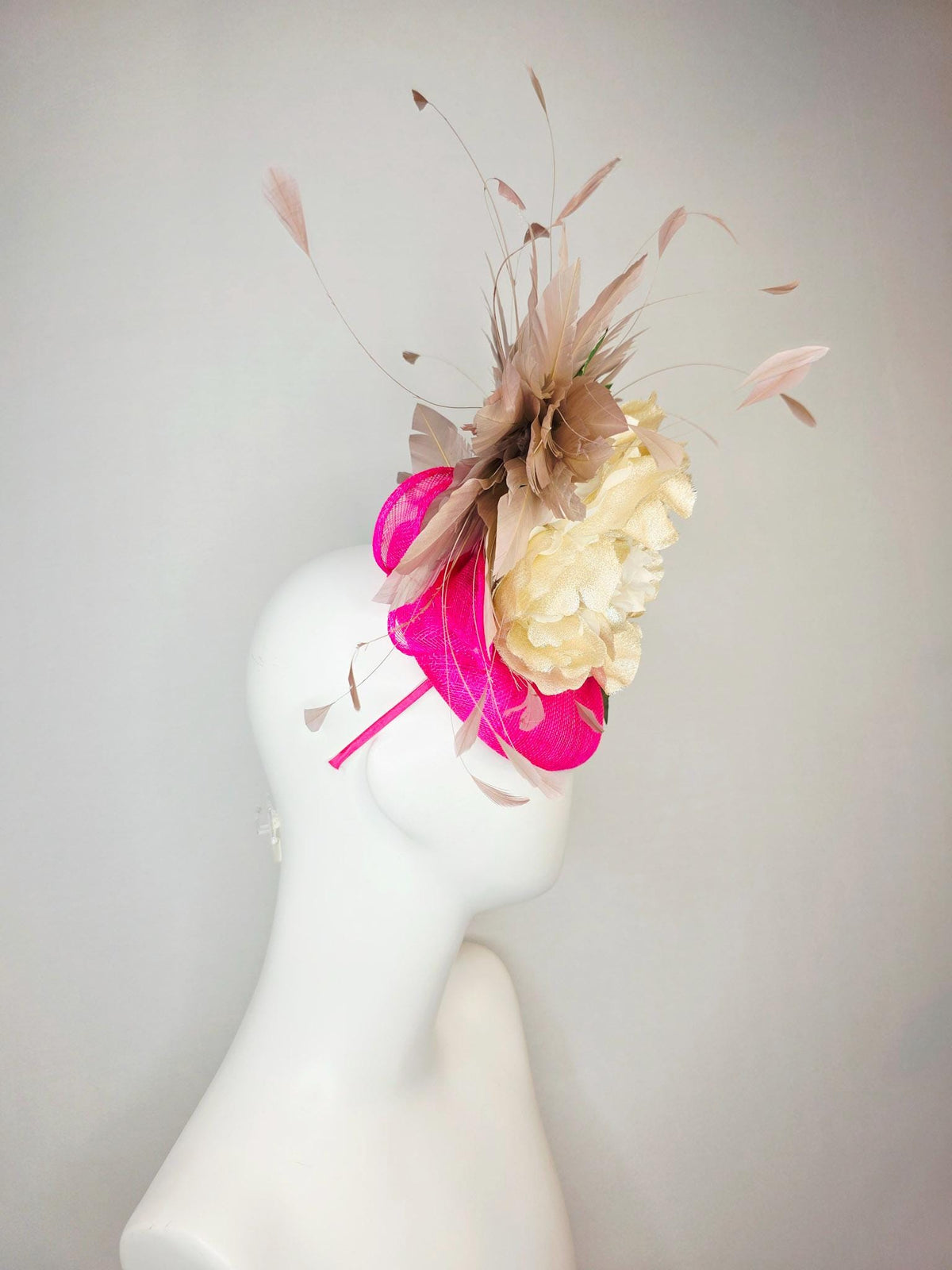kentucky derby hat fascinator fuchsia bright pink sinamay with sinamay bow gold beige organza silk flower green leaves taupe brown feathers