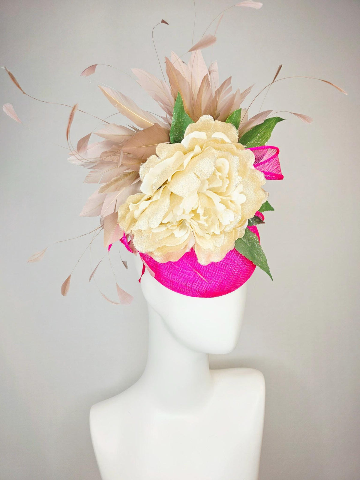 kentucky derby hat fascinator fuchsia bright pink sinamay with sinamay bow gold beige organza silk flower green leaves taupe brown feathers