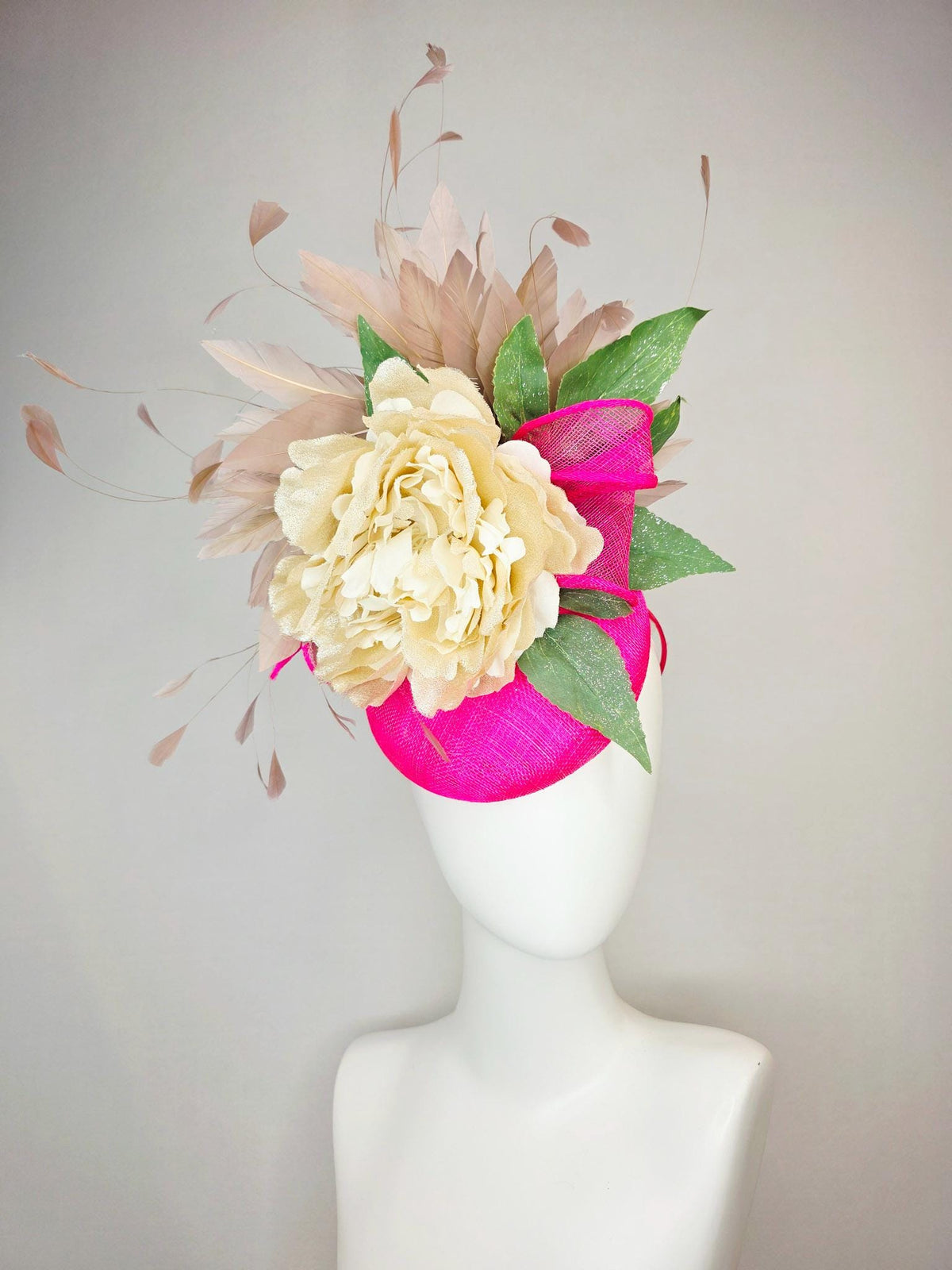 kentucky derby hat fascinator fuchsia bright pink sinamay with sinamay bow gold beige organza silk flower green leaves taupe brown feathers