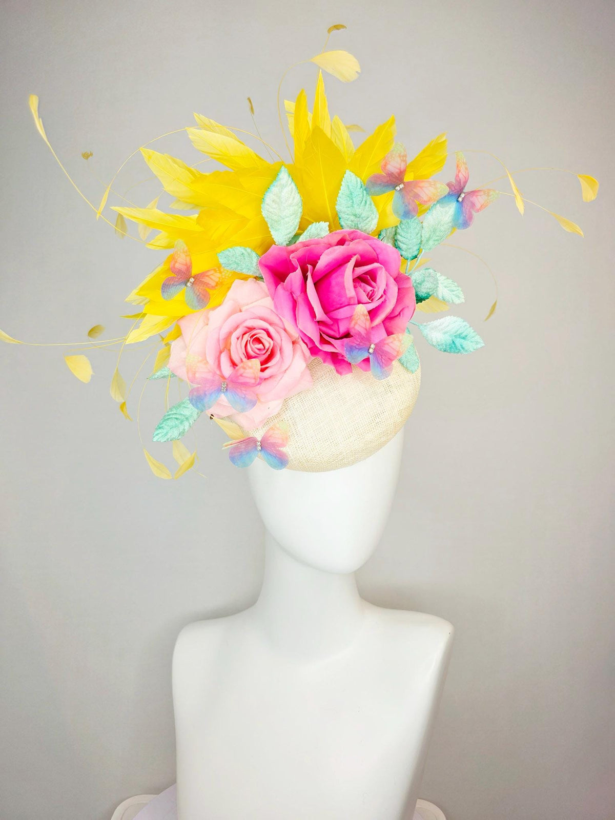 kentucky derby hat fascinator neutral ivory white sinamay and pink satin roses mint green leaves yellow feathers blue blush pink butterflies