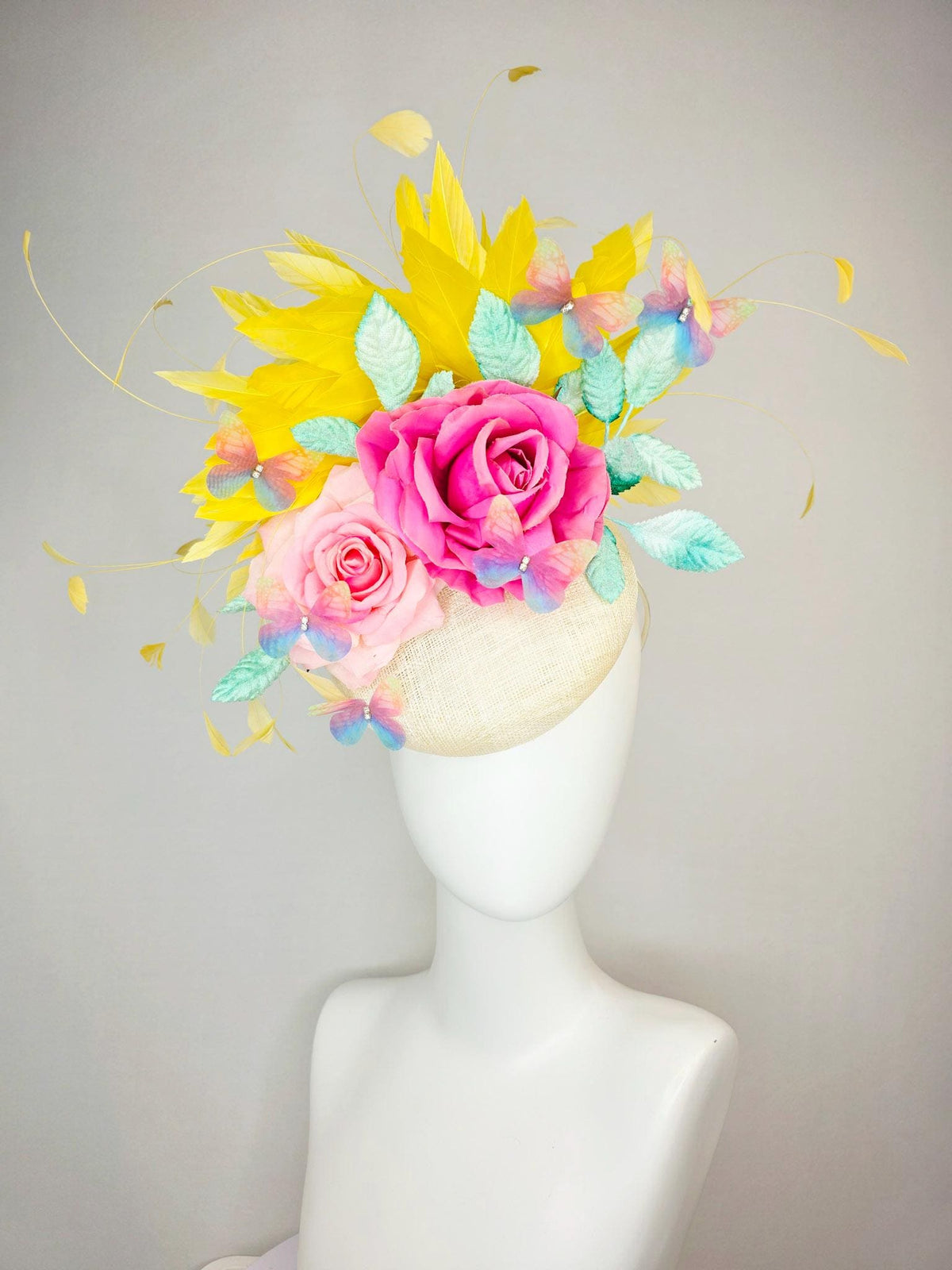 kentucky derby hat fascinator neutral ivory white sinamay and pink satin roses mint green leaves yellow feathers blue blush pink butterflies