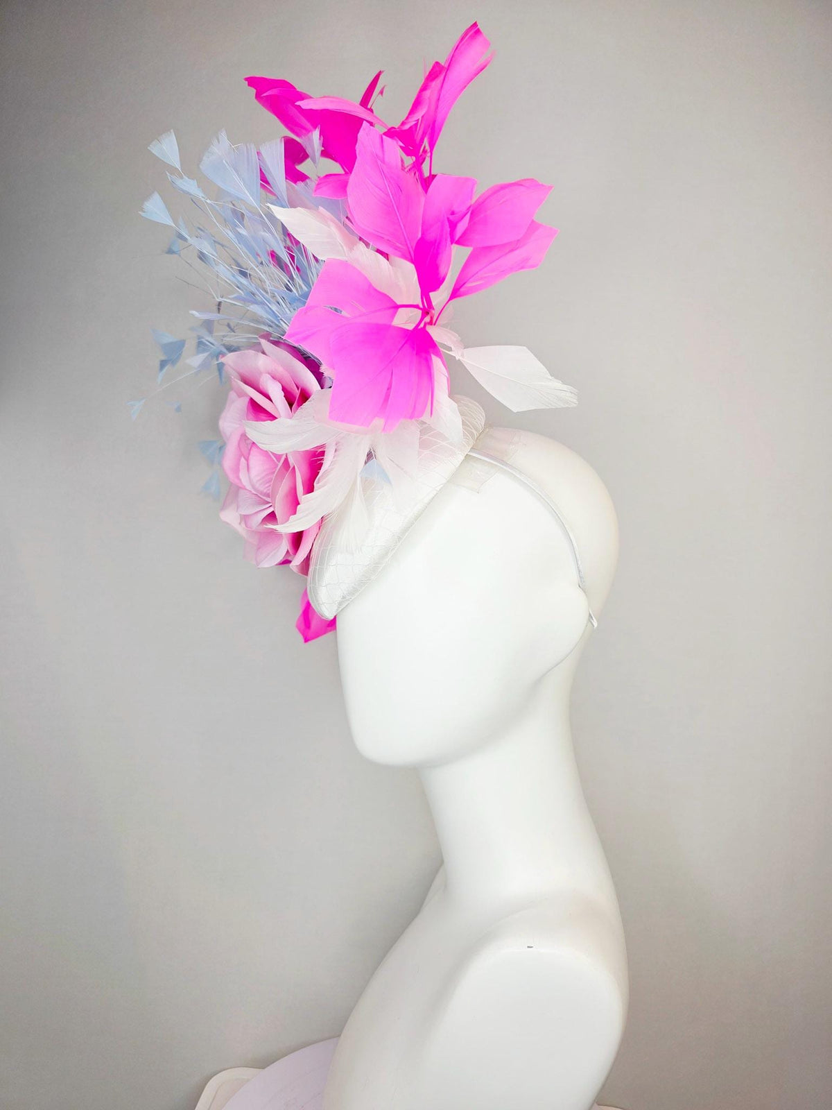 kentucky derby hat fascinator white satin with netting large ombre pink satin rose sky blue lavender fuchsia pink white branching feathers