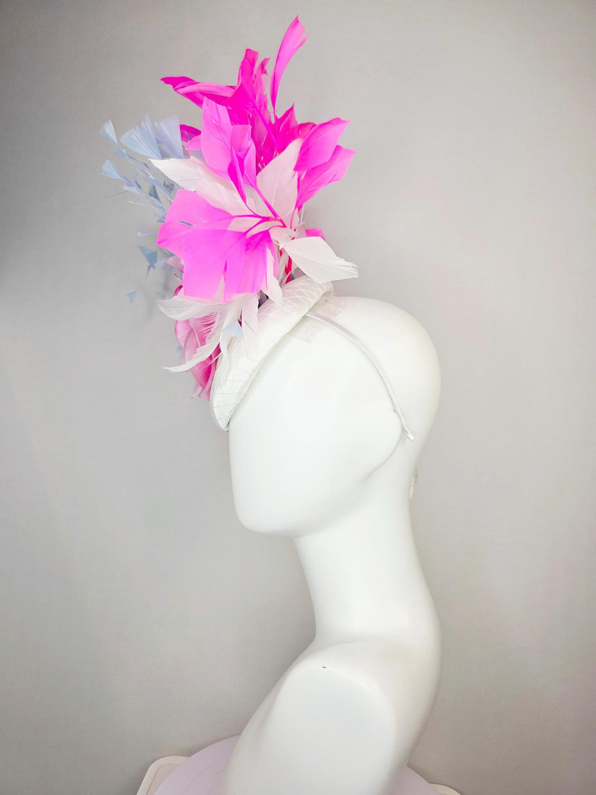 kentucky derby hat fascinator white satin with netting large ombre pink satin rose sky blue lavender fuchsia pink white branching feathers