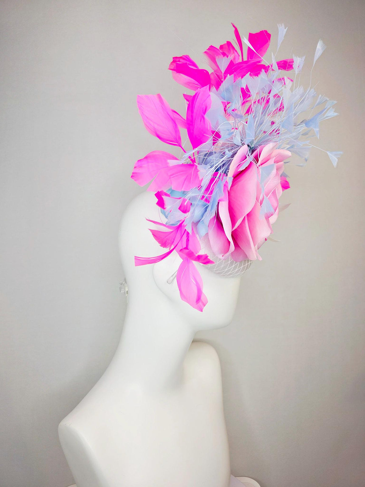 kentucky derby hat fascinator white satin with netting large ombre pink satin rose sky blue lavender fuchsia pink white branching feathers