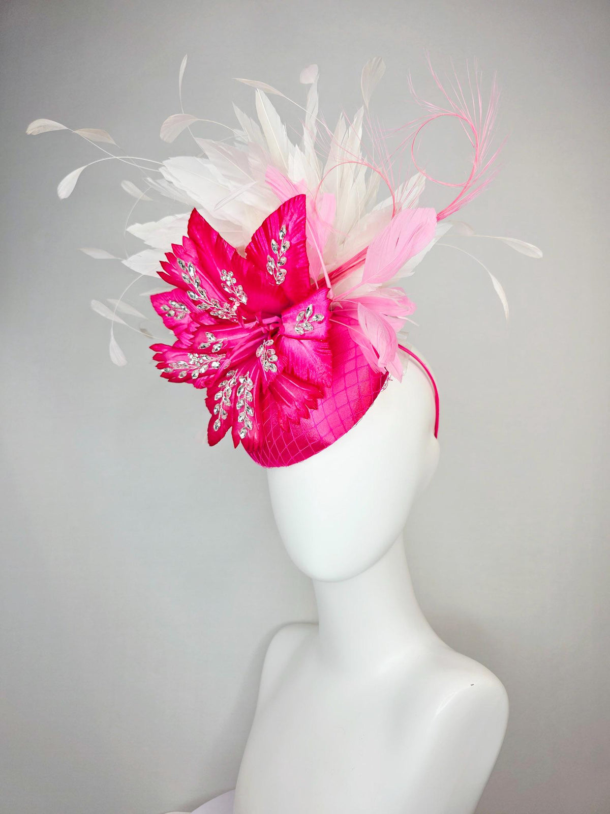 kentucky derby hat fascinator fuchsia pink satin with netting hot pink satin flower with crystal rhinestones ivory white baby pink feathers