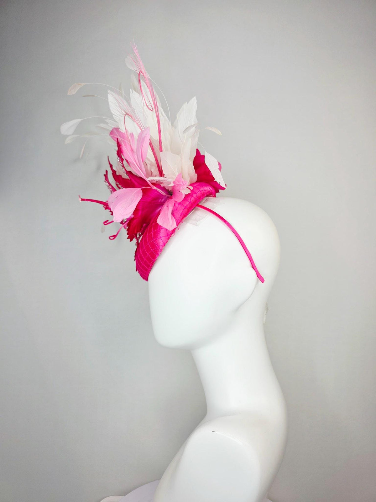 kentucky derby hat fascinator fuchsia pink satin with netting hot pink satin flower with crystal rhinestones ivory white baby pink feathers