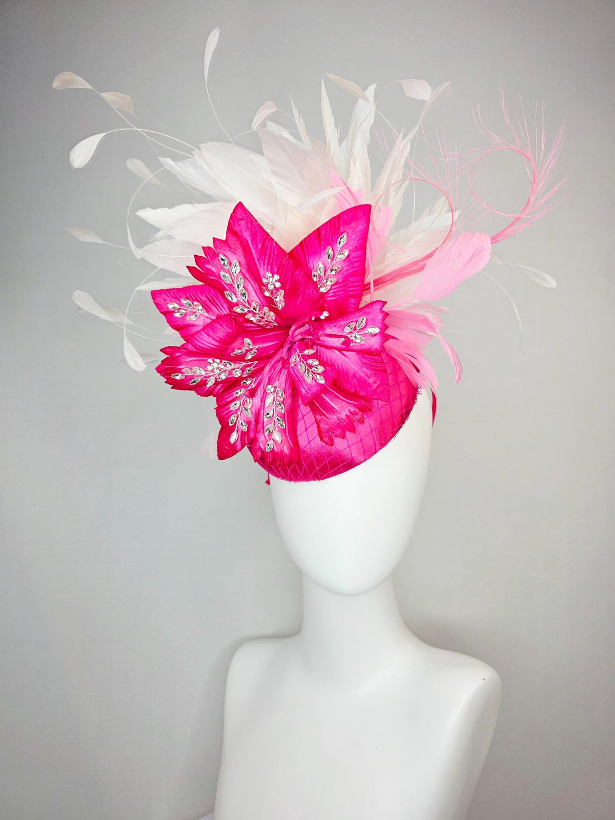 kentucky derby hat fascinator fuchsia pink satin with netting hot pink satin flower with crystal rhinestones ivory white baby pink feathers