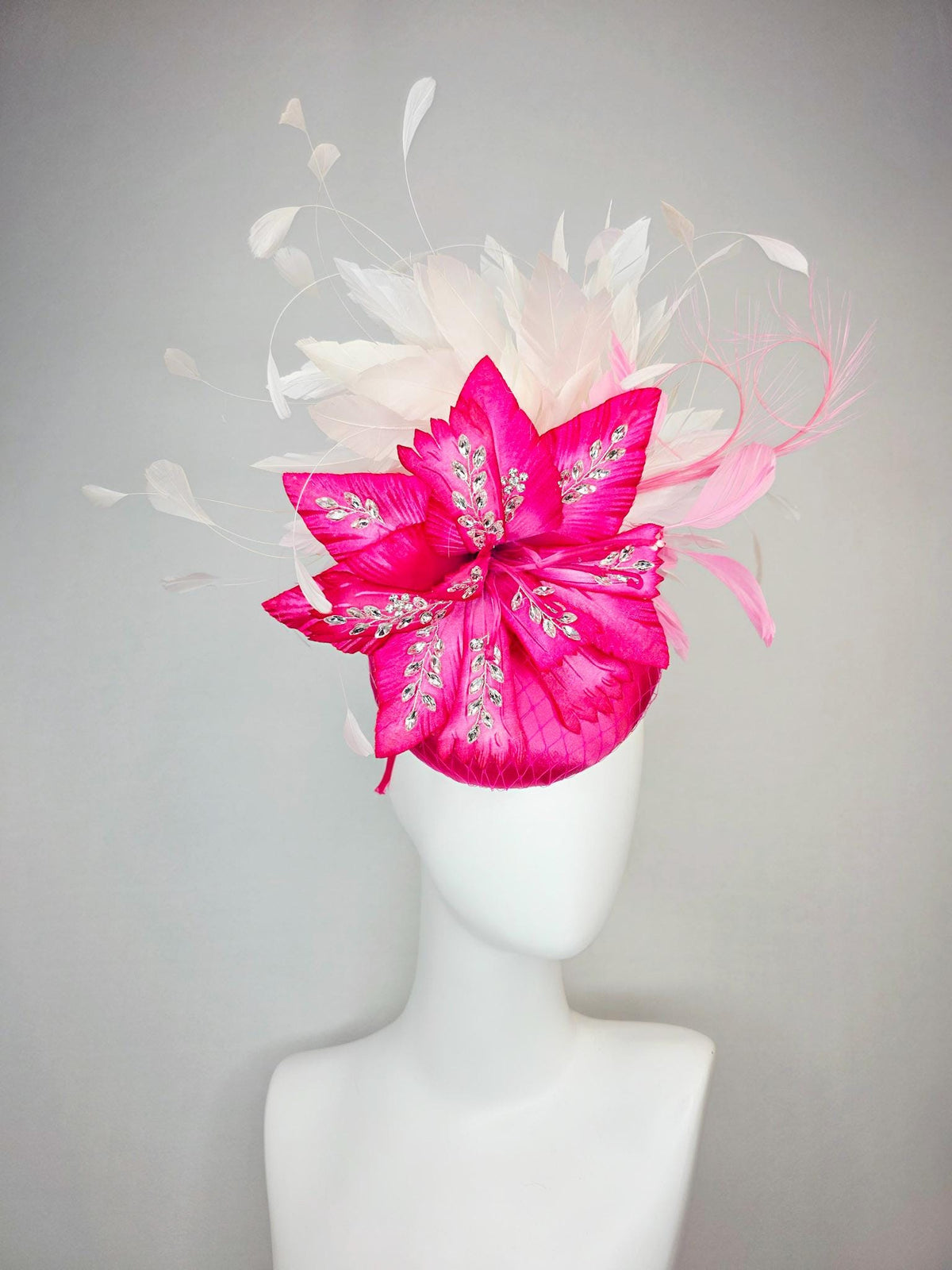 kentucky derby hat fascinator fuchsia pink satin with netting hot pink satin flower with crystal rhinestones ivory white baby pink feathers