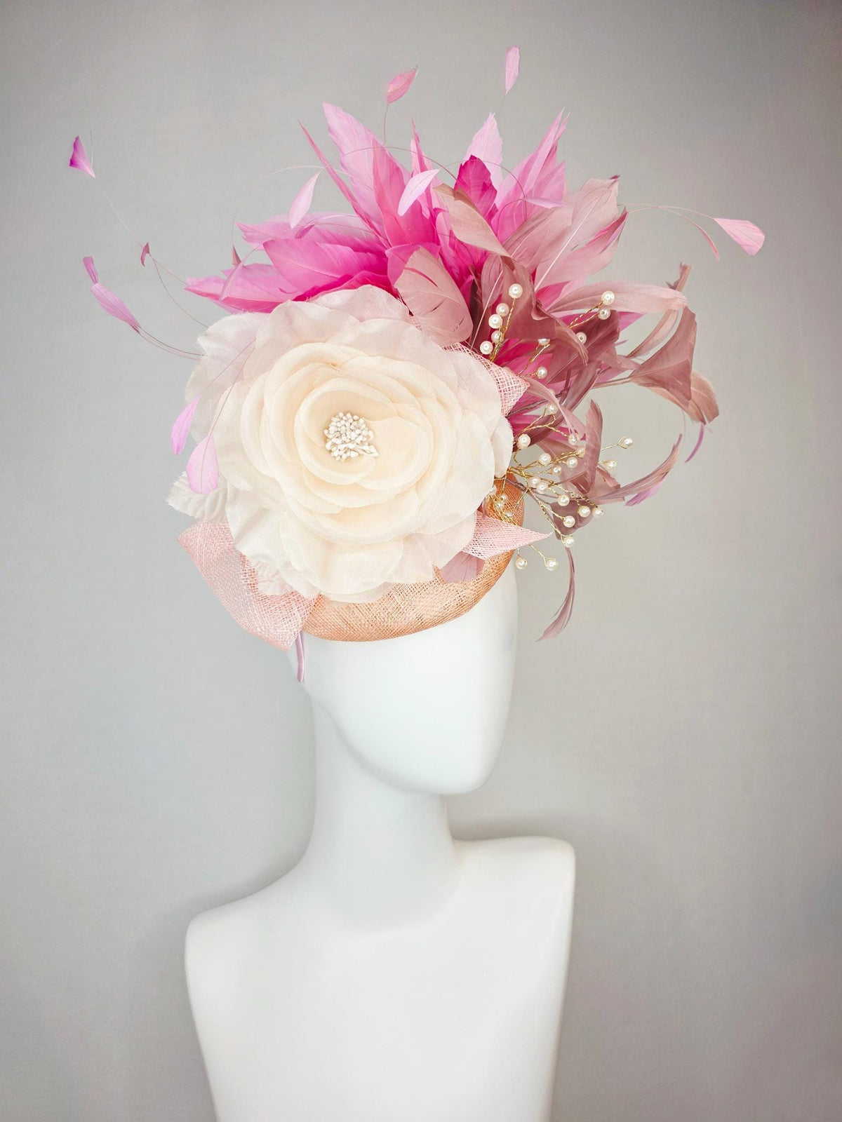 kentucky derby hat fascinator champagne beige sinamay ivory white organza rose dusty rose mauve blush pink branching feathers pearl strings