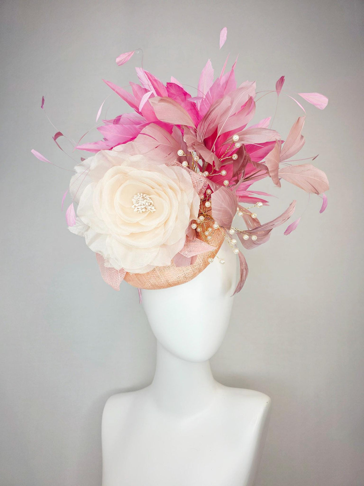 kentucky derby hat fascinator champagne beige sinamay ivory white organza rose dusty rose mauve blush pink branching feathers pearl strings