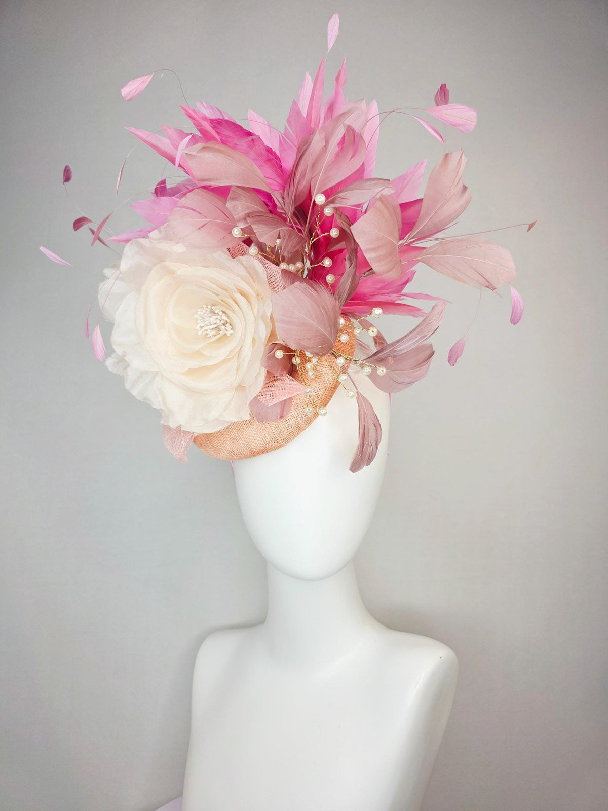 kentucky derby hat fascinator champagne beige sinamay ivory white organza rose dusty rose mauve blush pink branching feathers pearl strings
