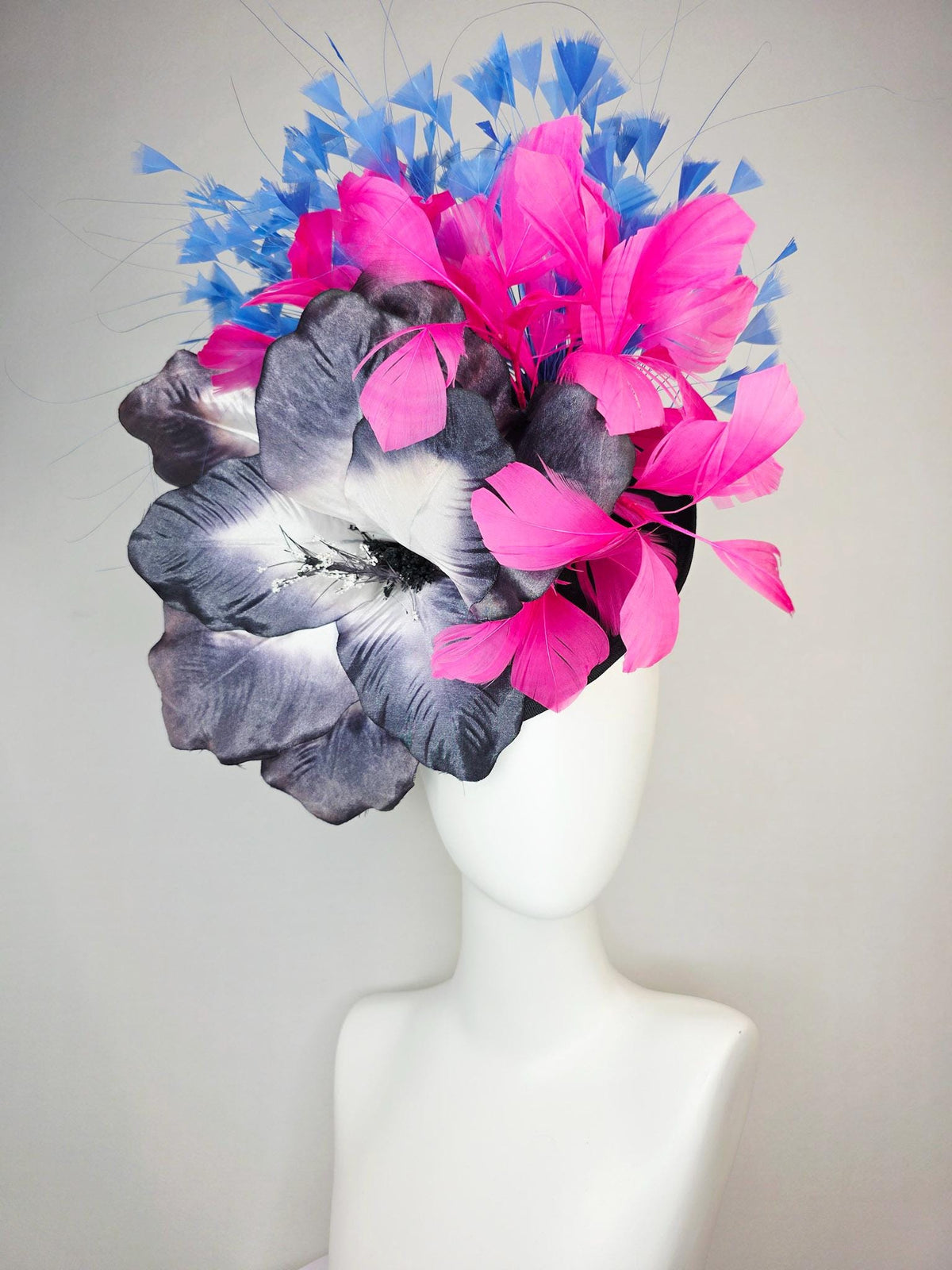 kentucky derby hat fascinator black shantung saucer large charcoal gray ombre satin silk flower pink and royal sky blue branching feathers