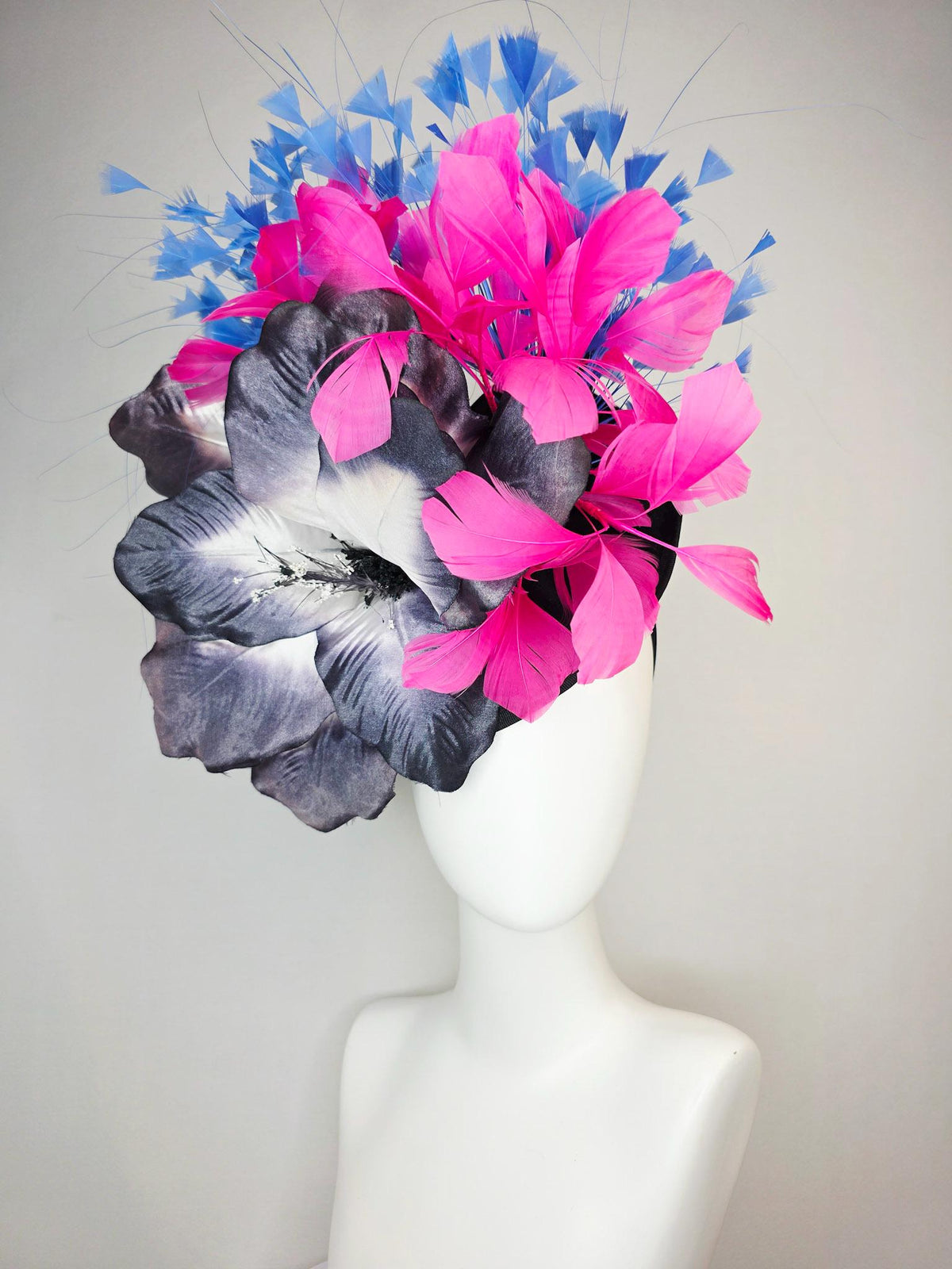 kentucky derby hat fascinator black shantung saucer large charcoal gray ombre satin silk flower pink and royal sky blue branching feathers