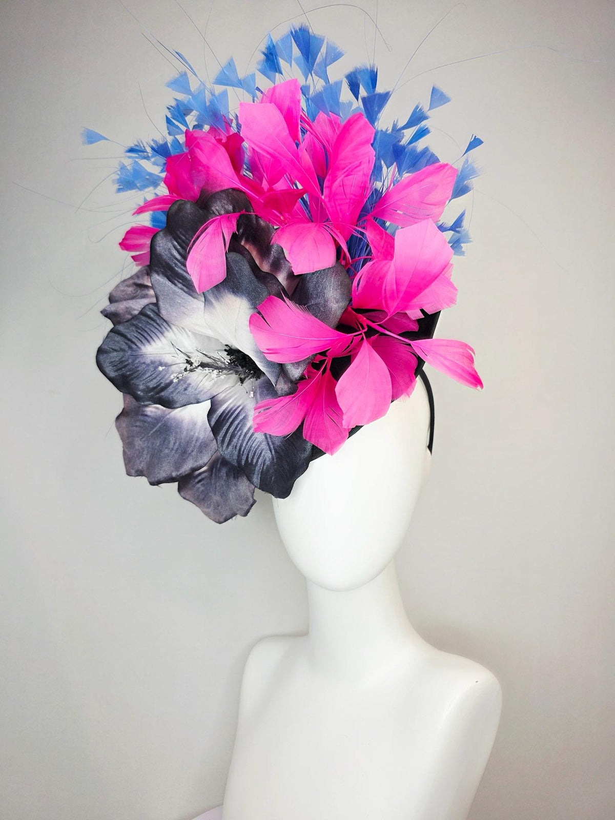 kentucky derby hat fascinator black shantung saucer large charcoal gray ombre satin silk flower pink and royal sky blue branching feathers
