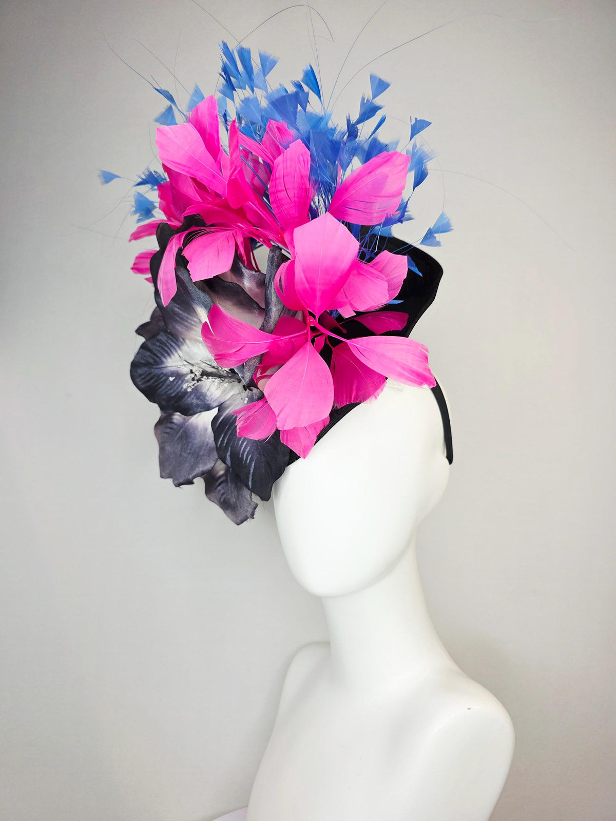 kentucky derby hat fascinator black shantung saucer large charcoal gray ombre satin silk flower pink and royal sky blue branching feathers