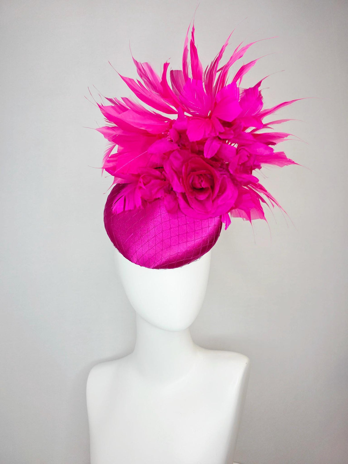 kentucky derby hat fascinator magenta pink satin with netting with fuchsia pink satin rose and hot bright pink branching feathers