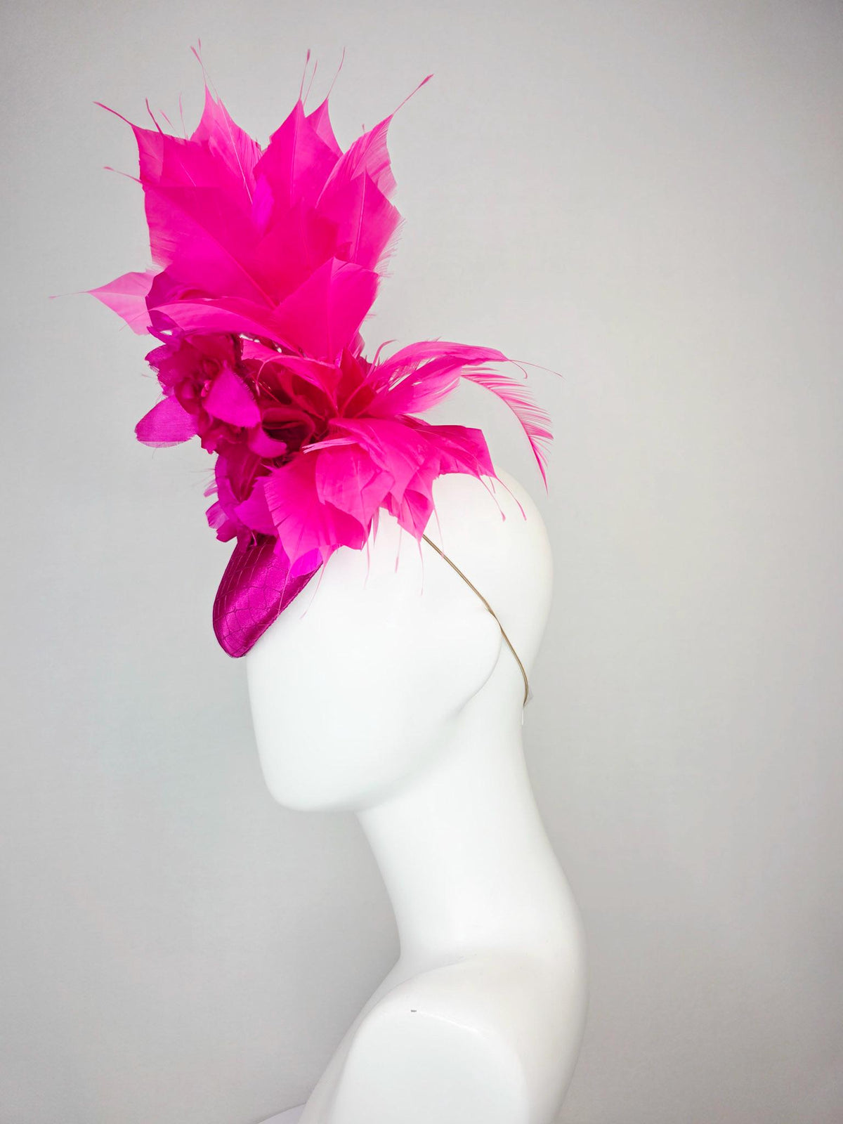 kentucky derby hat fascinator magenta pink satin with netting with fuchsia pink satin rose and hot bright pink branching feathers