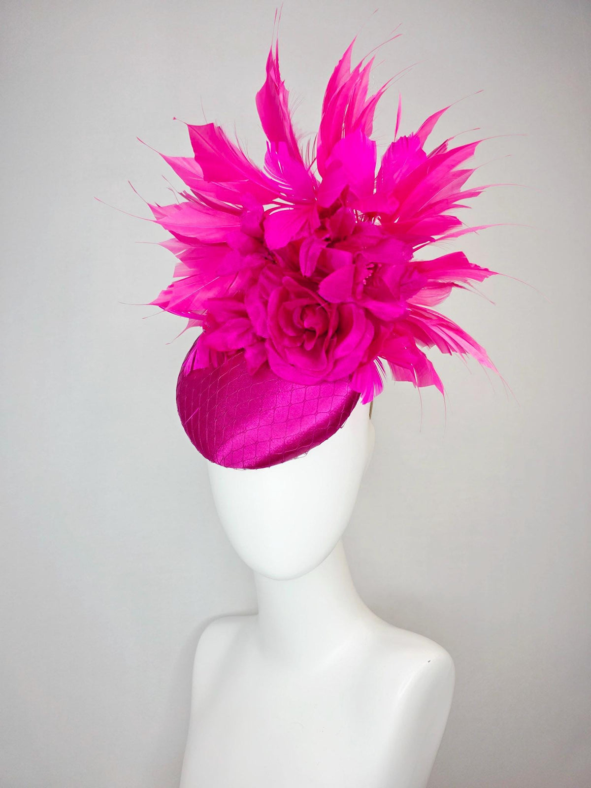 kentucky derby hat fascinator magenta pink satin with netting with fuchsia pink satin rose and hot bright pink branching feathers