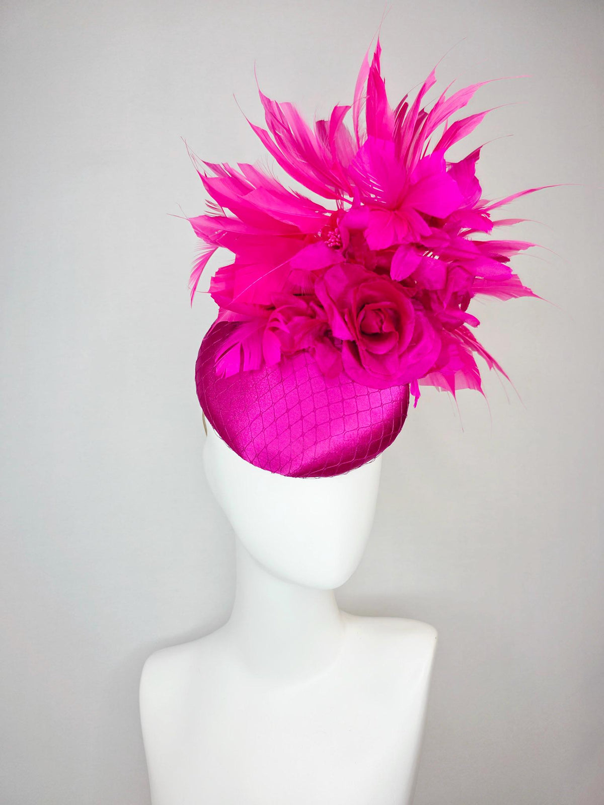 kentucky derby hat fascinator magenta pink satin with netting with fuchsia pink satin rose and hot bright pink branching feathers