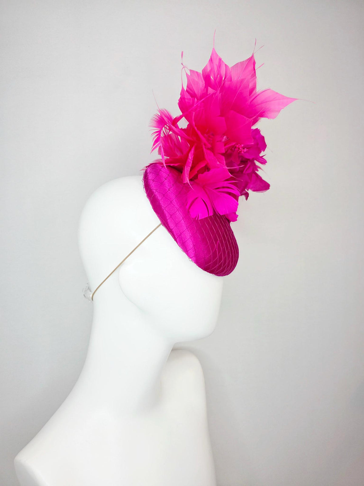 kentucky derby hat fascinator magenta pink satin with netting with fuchsia pink satin rose and hot bright pink branching feathers
