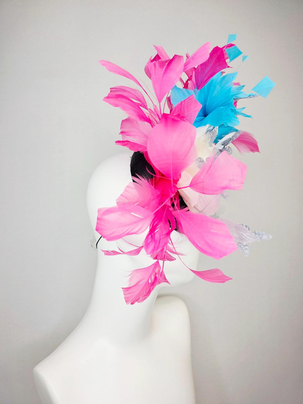 kentucky derby hat fascinator black satin with netting ivory white organza rose white leaves pink sky blue feathers light gray butterflies