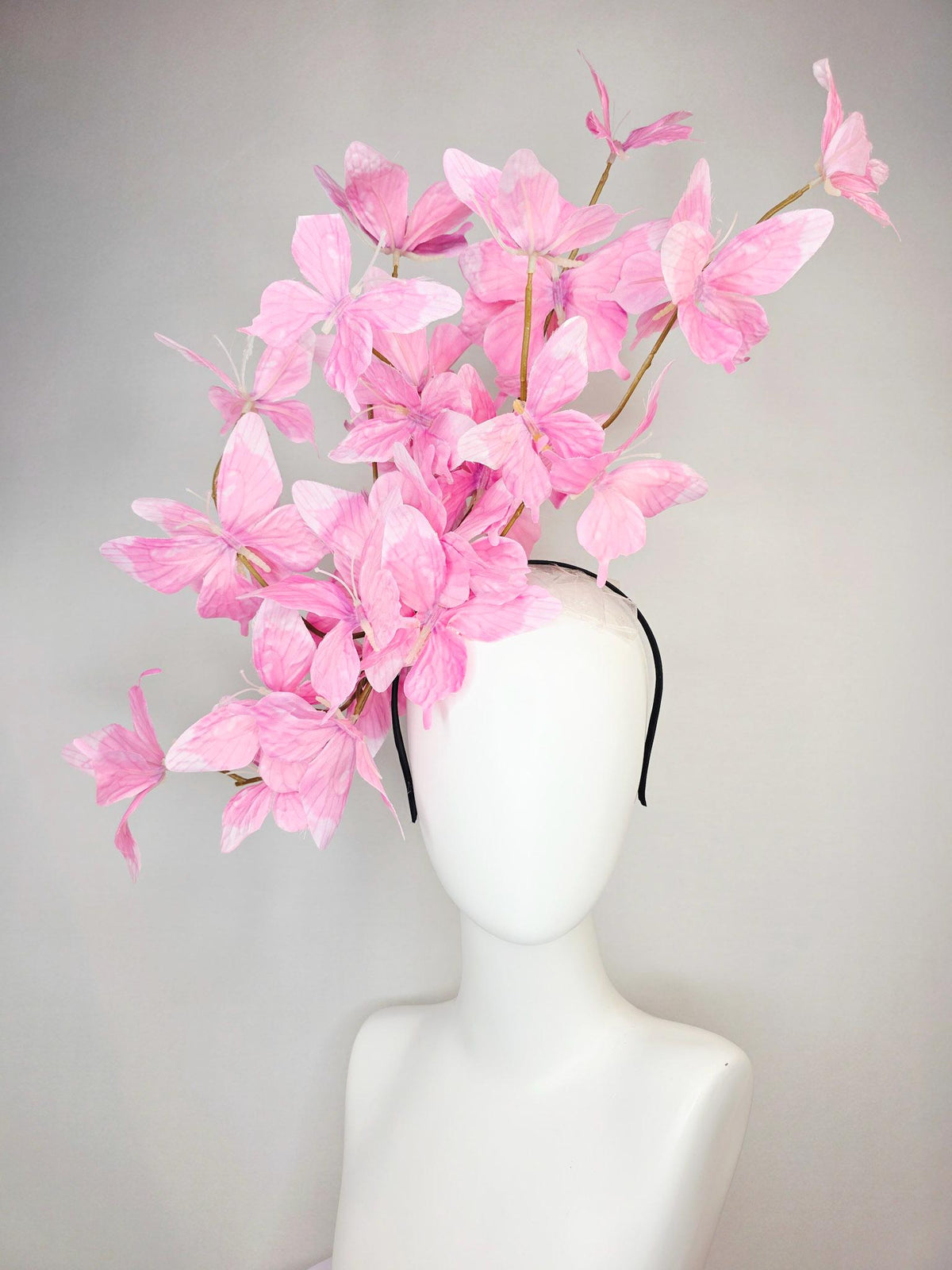 kentucky derby hat fascinator large branching lilac light baby blush pink fabric butterflies on headband