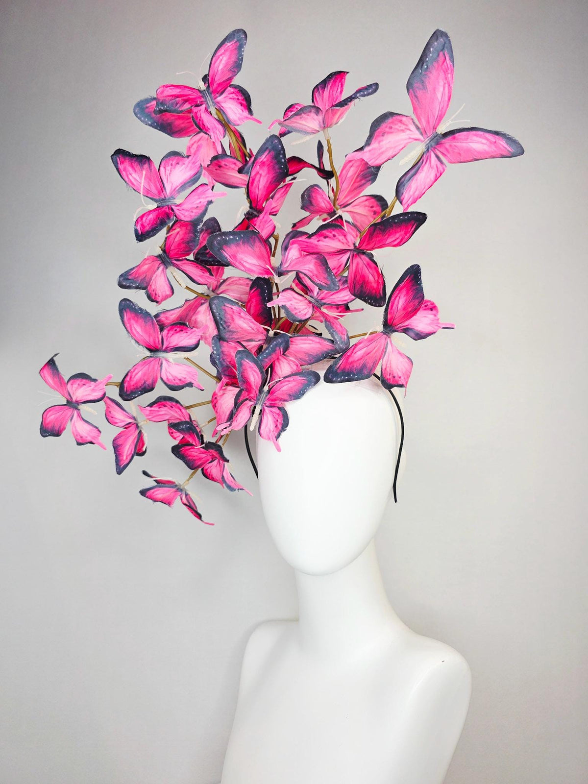 kentucky derby hat fascinator large branching hot raspberry pink red black and white fabric butterflies on headband