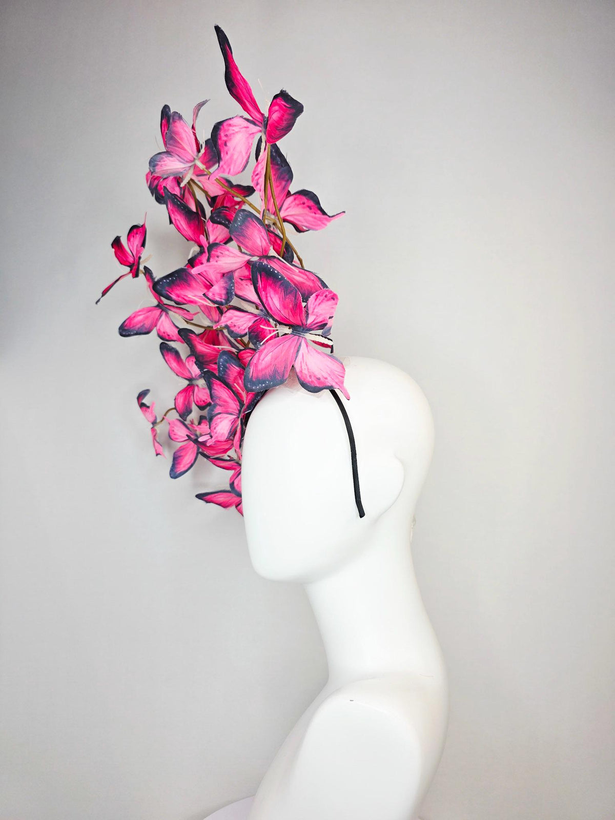 kentucky derby hat fascinator large branching hot raspberry pink red black and white fabric butterflies on headband