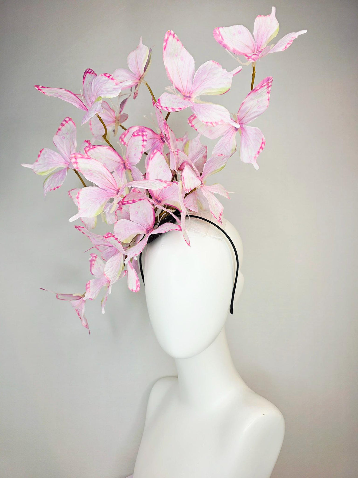 kentucky derby hat fascinator large branching light baby blush pale pink and yellow fabric butterflies on headband