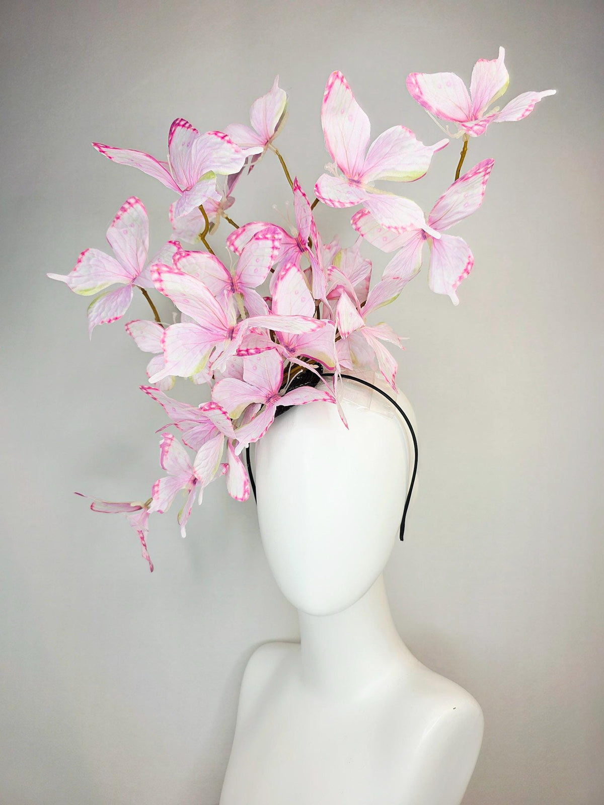 kentucky derby hat fascinator large branching light baby blush pale pink and yellow fabric butterflies on headband