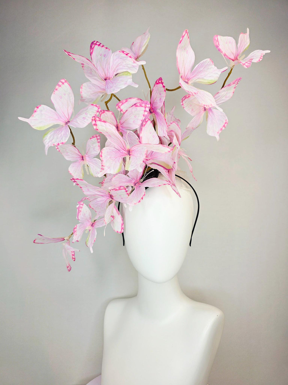 kentucky derby hat fascinator large branching light baby blush pale pink and yellow fabric butterflies on headband