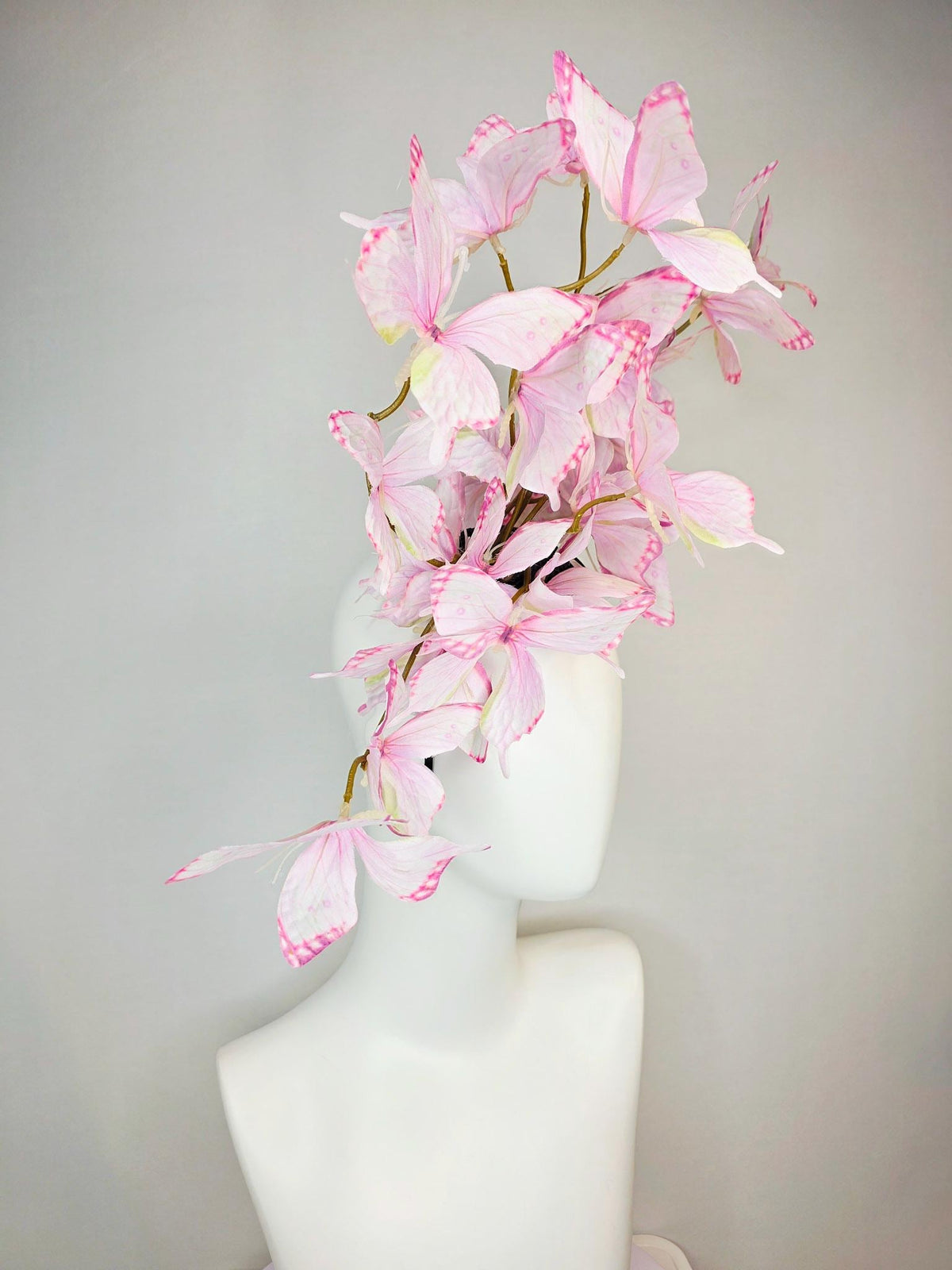 kentucky derby hat fascinator large branching light baby blush pale pink and yellow fabric butterflies on headband