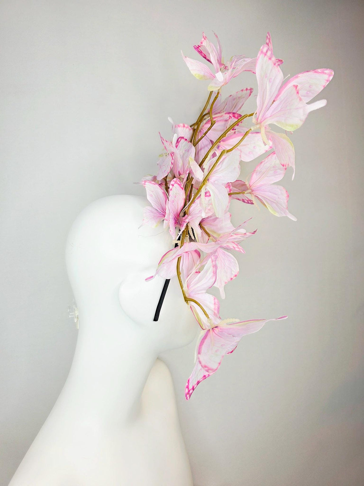 kentucky derby hat fascinator large branching light baby blush pale pink and yellow fabric butterflies on headband