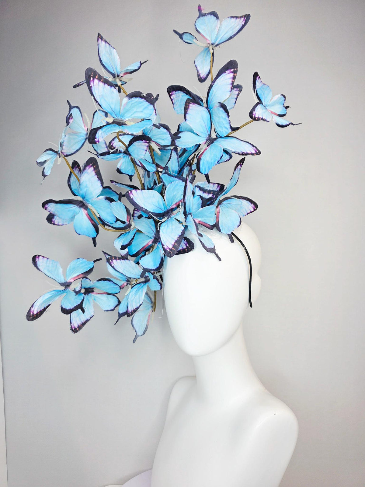 kentucky derby hat fascinator large branching light sky blue purple black fabric butterflies on headband