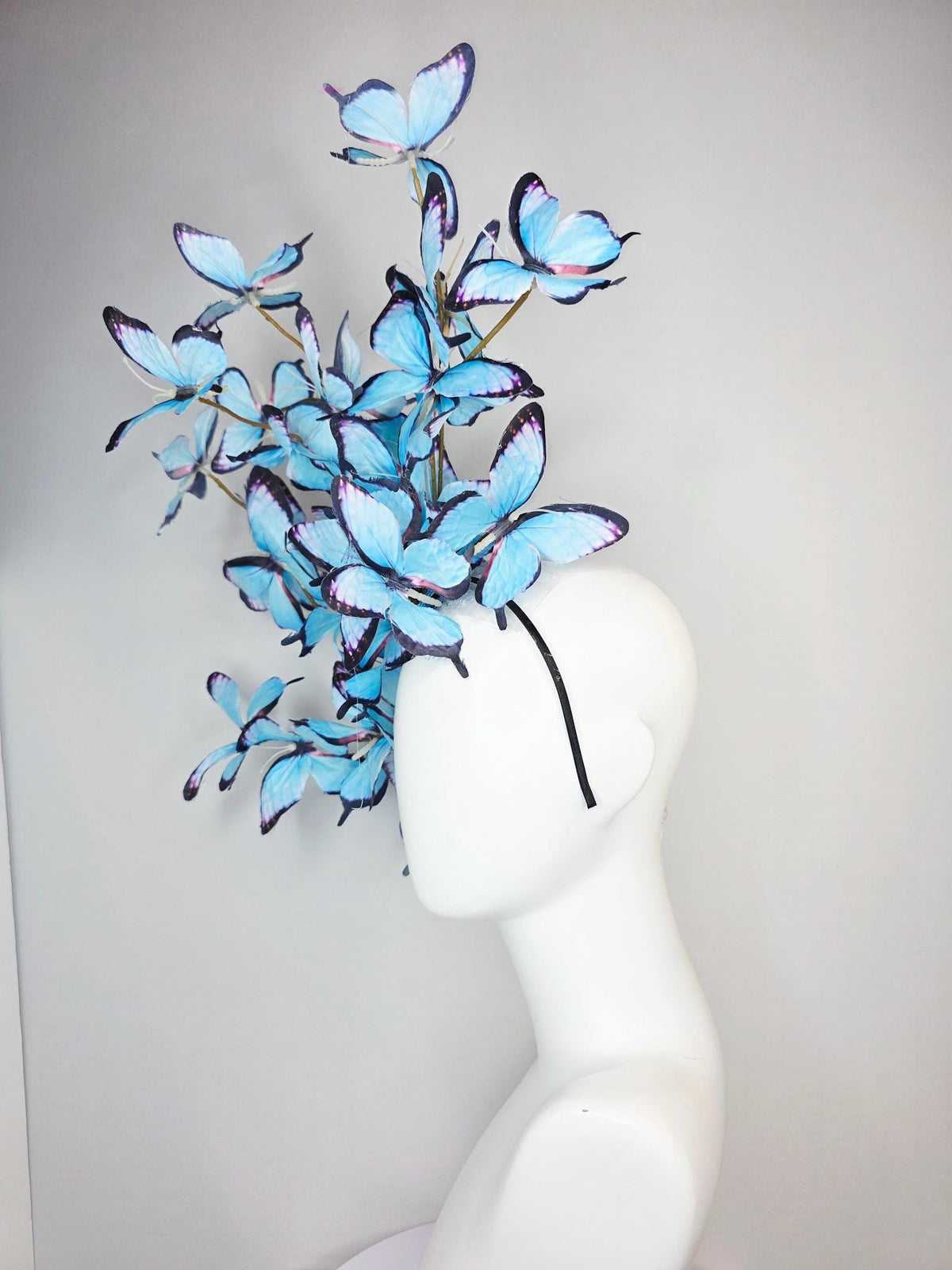 kentucky derby hat fascinator large branching light sky blue purple black fabric butterflies on headband