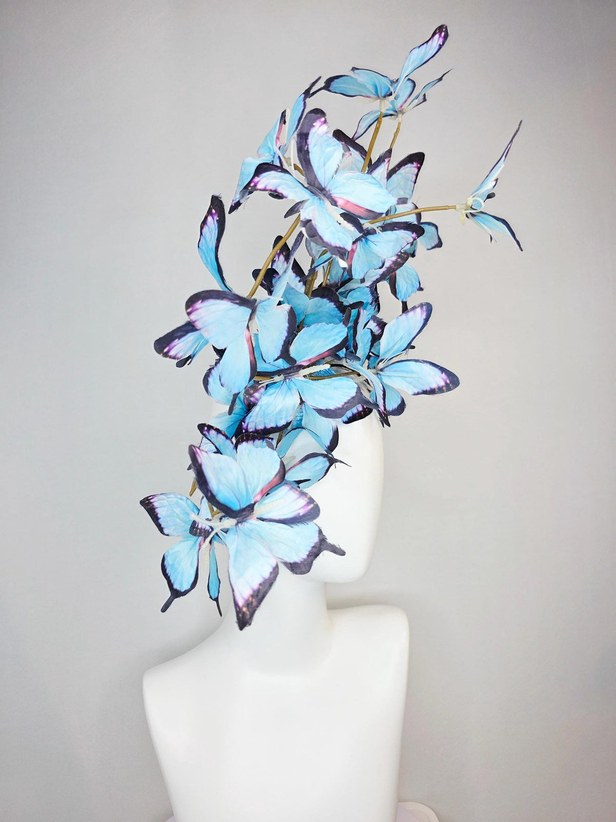 kentucky derby hat fascinator large branching light sky blue purple black fabric butterflies on headband