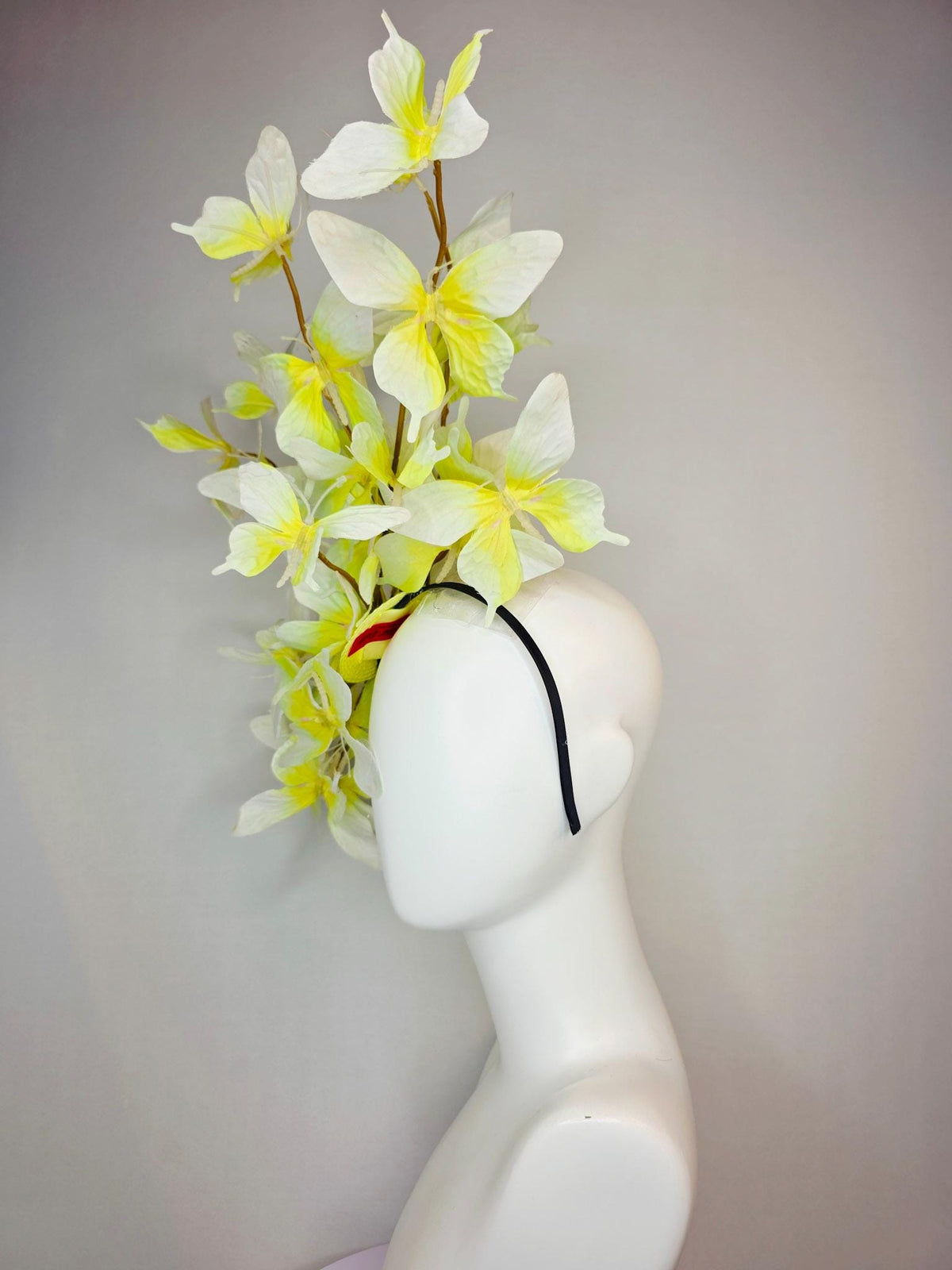 kentucky derby hat fascinator large branching ivory white yellow fabric butterflies on headband