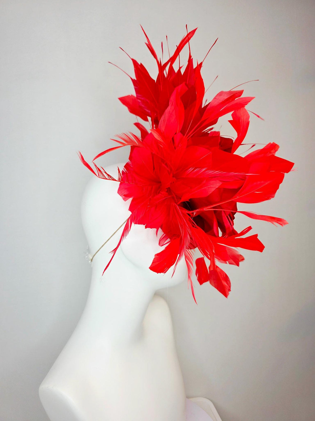 kentucky derby hat fascinator scarlet red sinamay base with large bright red satin rose and cherry red branching feathers