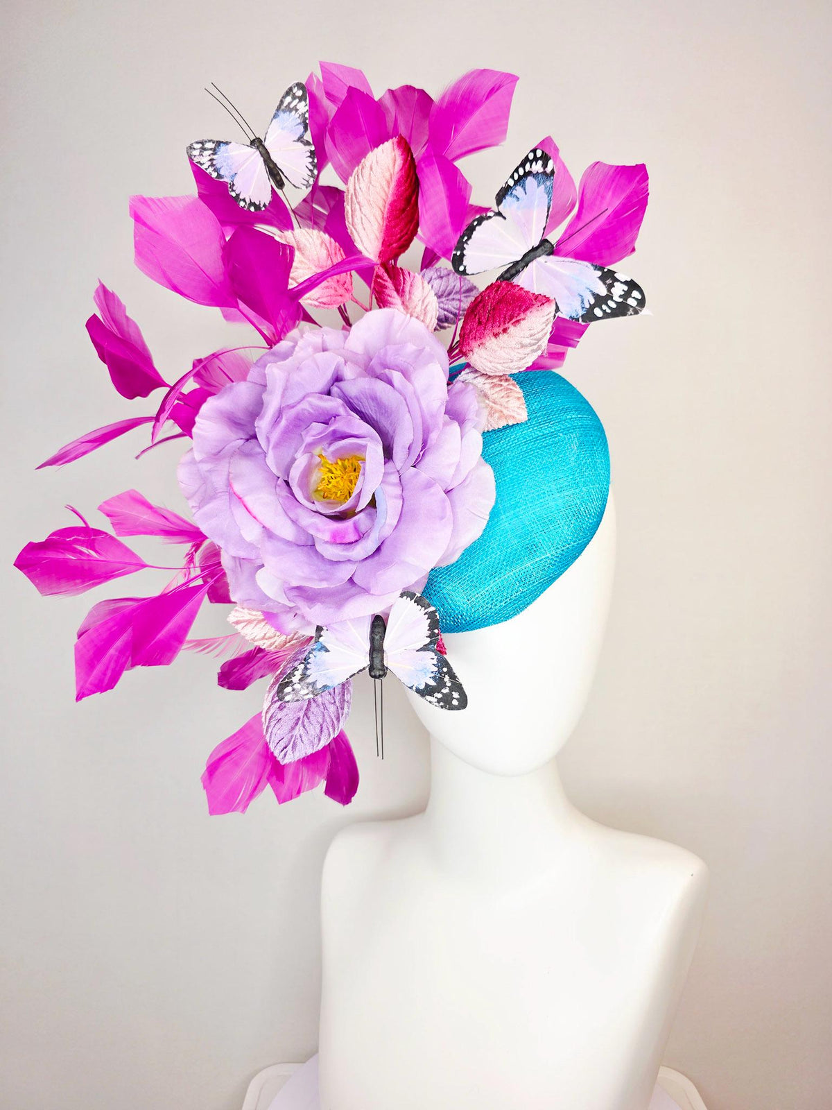 kentucky derby hat fascinator turquoise blue sinamay lavender purple satin rose ombre pink lavender leaves magenta pink feathers butterflies