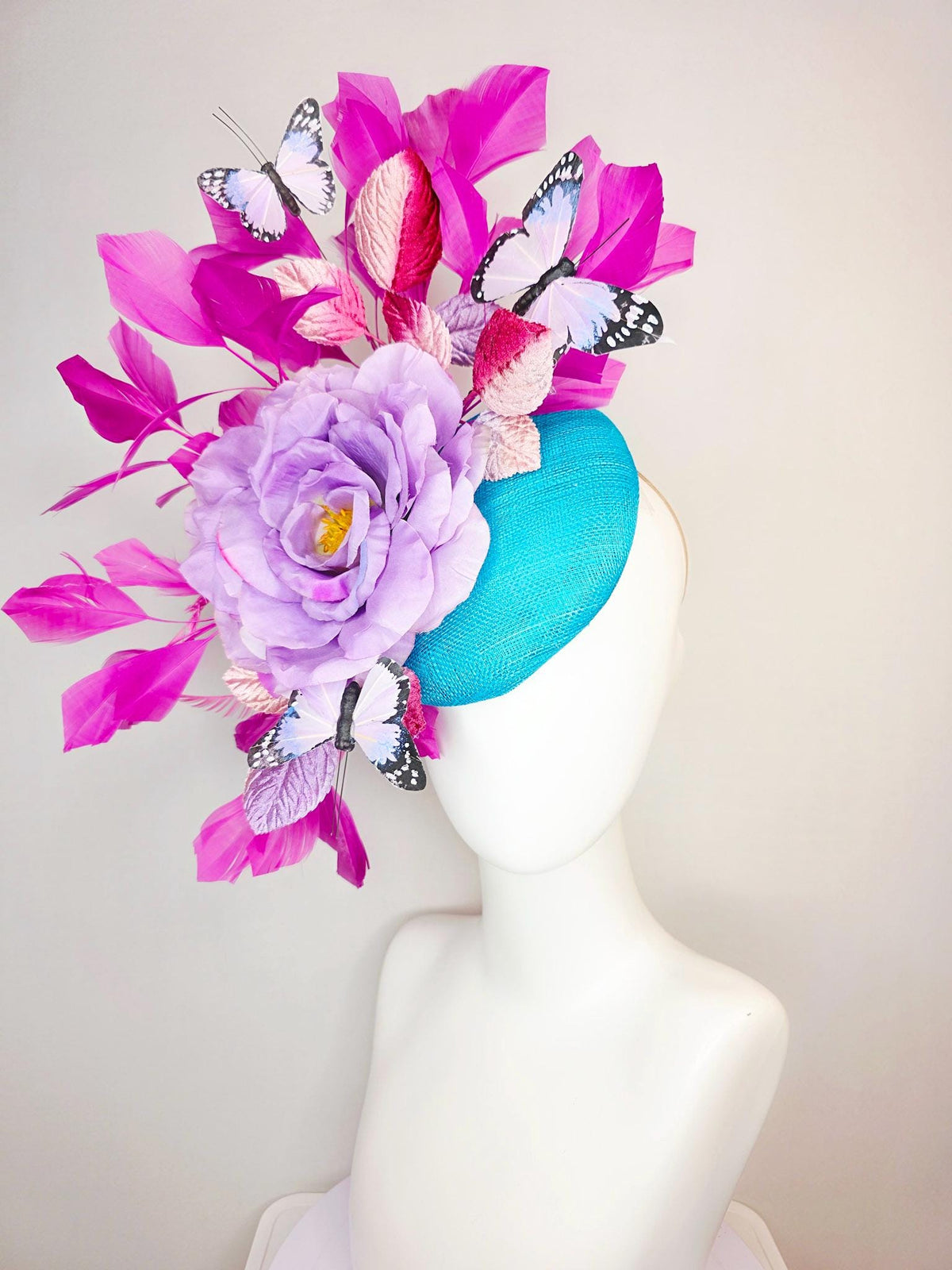 kentucky derby hat fascinator turquoise blue sinamay lavender purple satin rose ombre pink lavender leaves magenta pink feathers butterflies