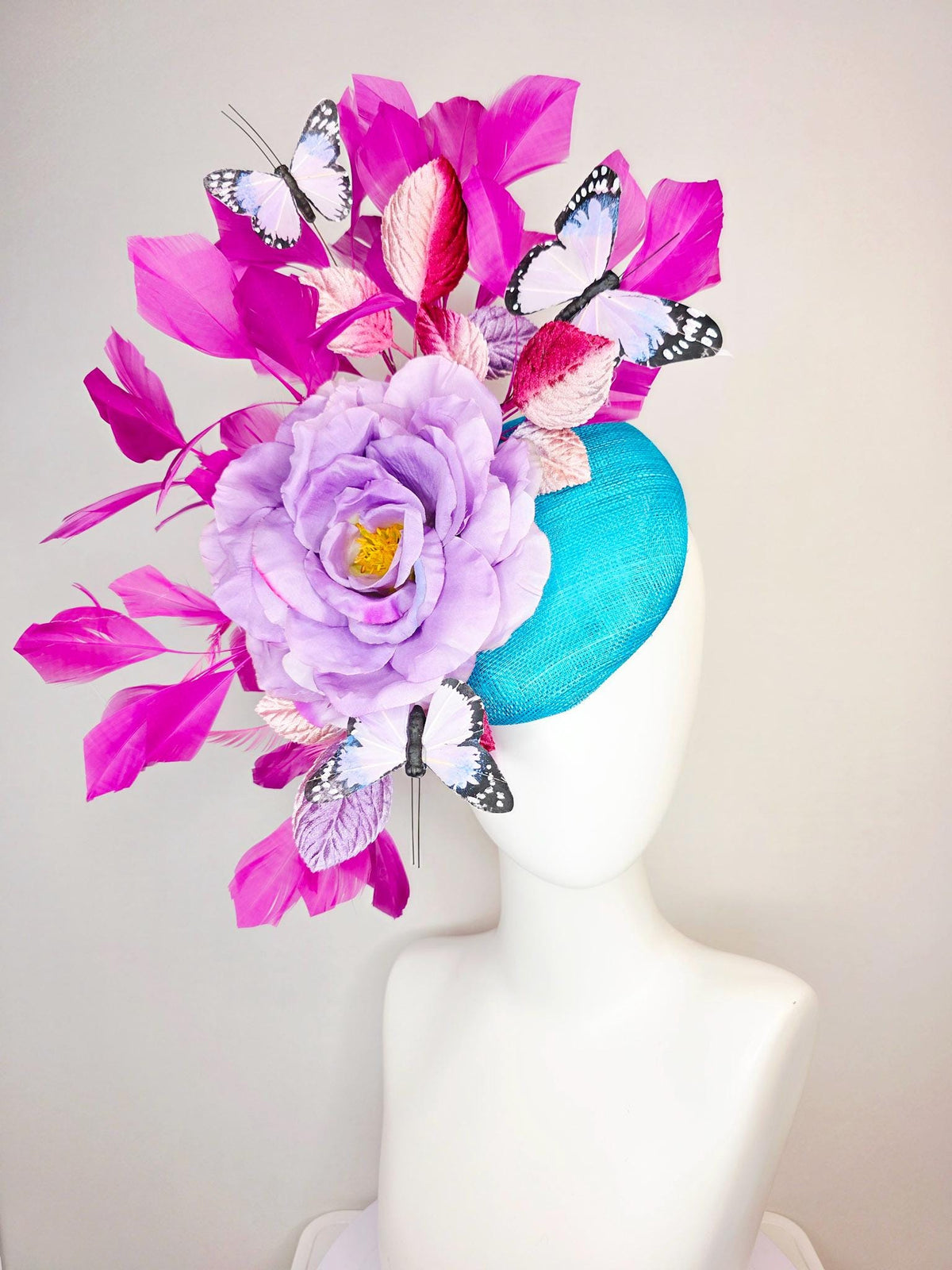 kentucky derby hat fascinator turquoise blue sinamay lavender purple satin rose ombre pink lavender leaves magenta pink feathers butterflies