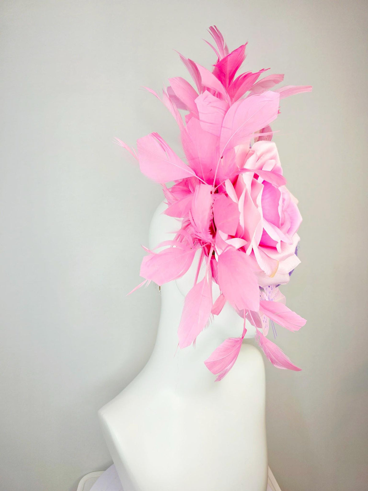 kentucky derby hat fascinator lavender purple satin with netting ombre pink satin rose light pink leaves blush pink feathers and butterflies