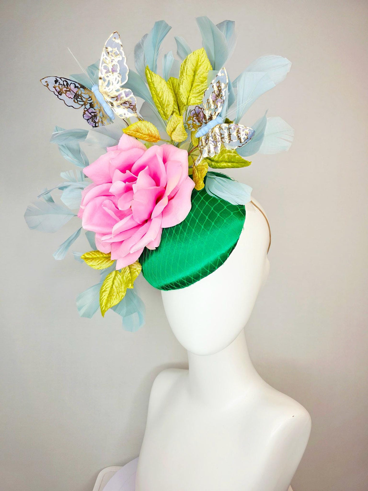 kentucky derby hat fascinator emerald green satin with netting blush pink satin rose lime yellow leaves gray blue feathers gold butterflies