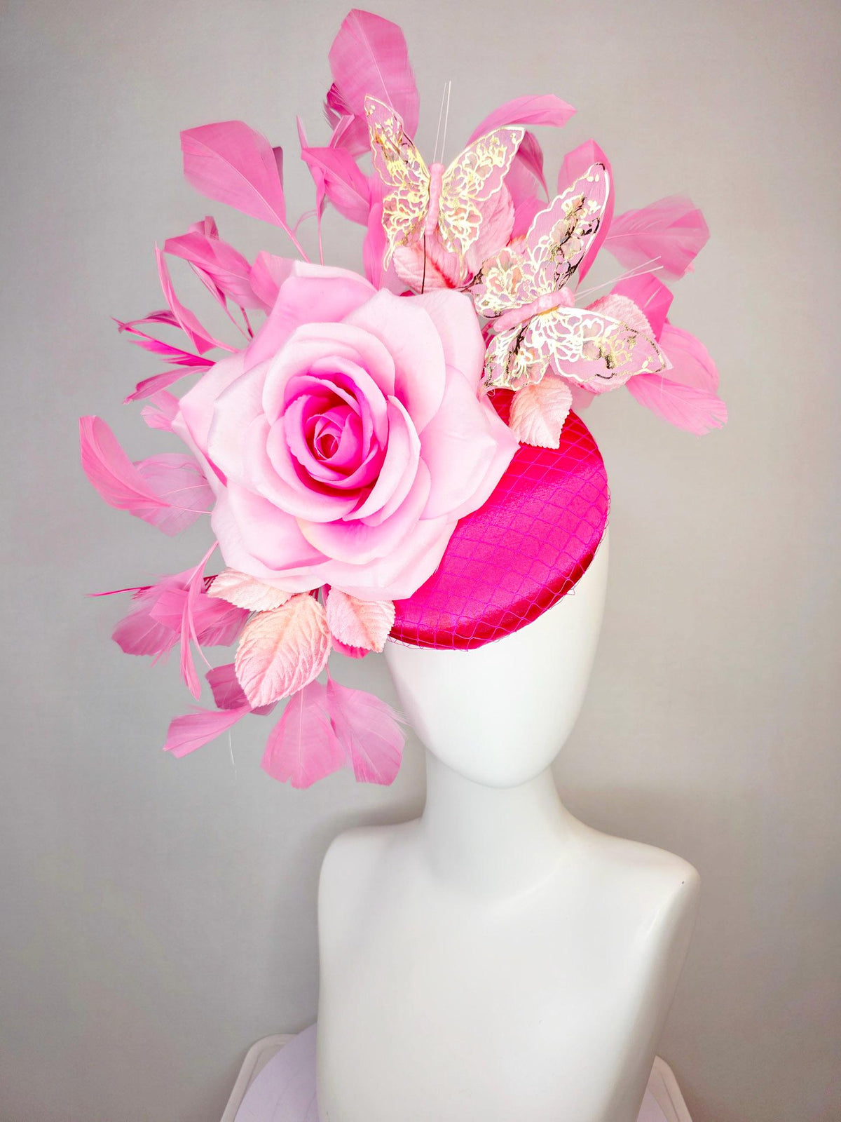 kentucky derby hat fascinator fuchsia satin with netting ombre pink satin rose light pink leaves blush hot pink feathers gold butterflies